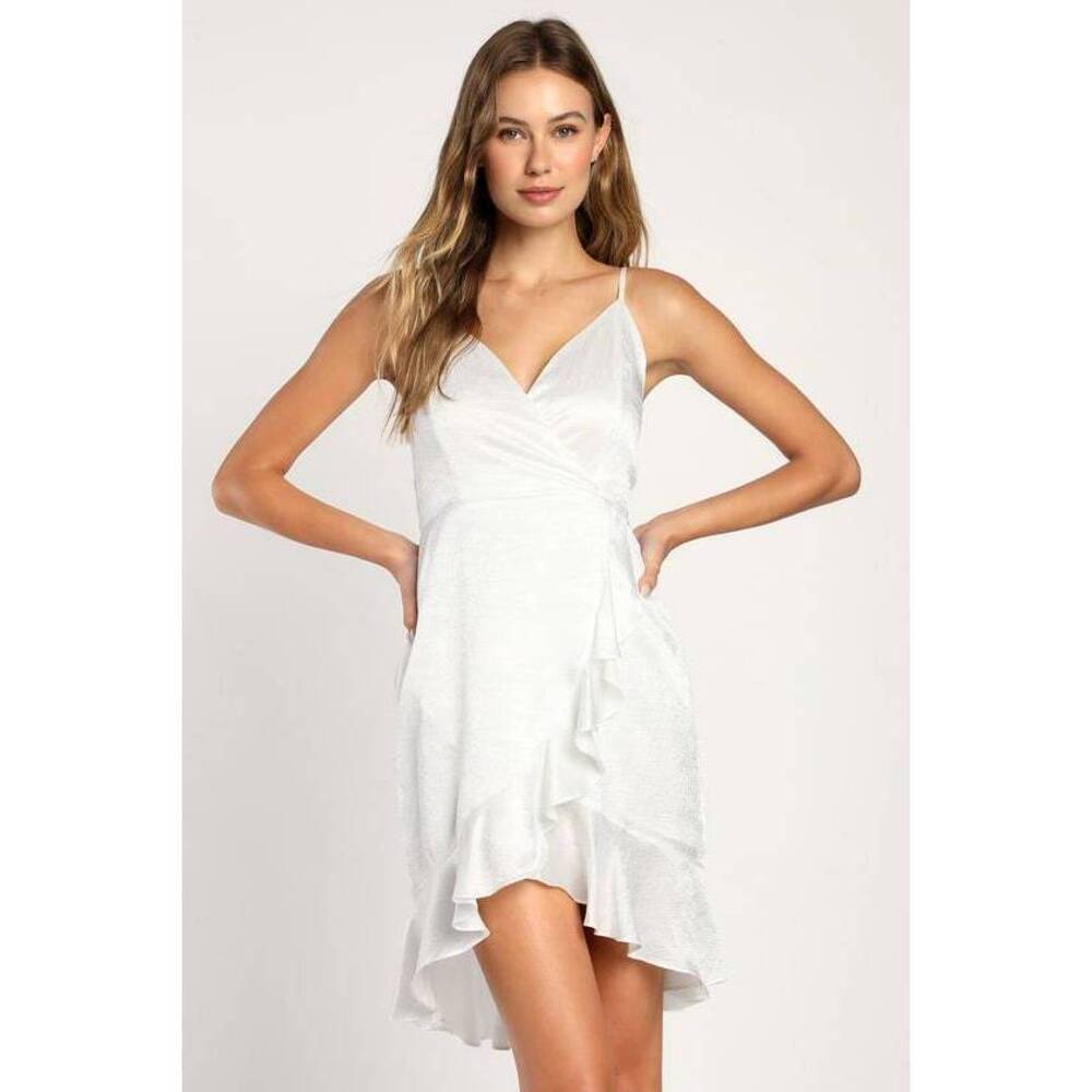 Lulus Loving The Night White Textured Satin Faux-wrap Mini Dress - Size S